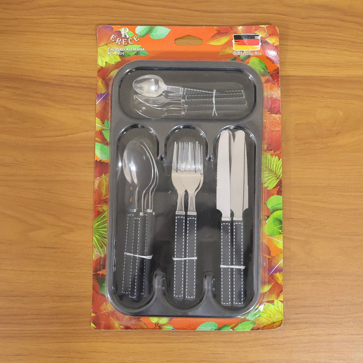 Premium Stainless Steel Kitchen Plastic Handle Cutlery Set With Tray (24 Pc Set)