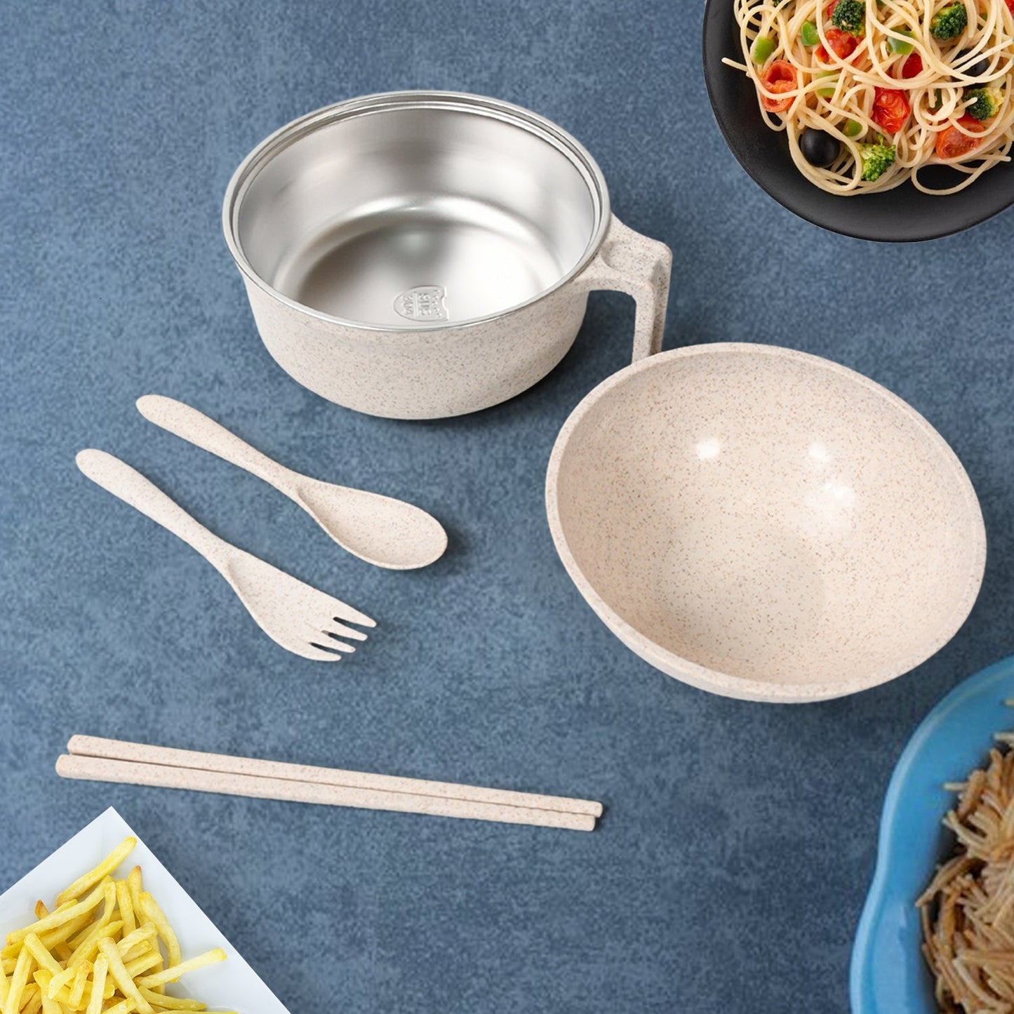 Rice Bowl Noodle Set – 6 Pcs with Lid, Handle & Cutlery