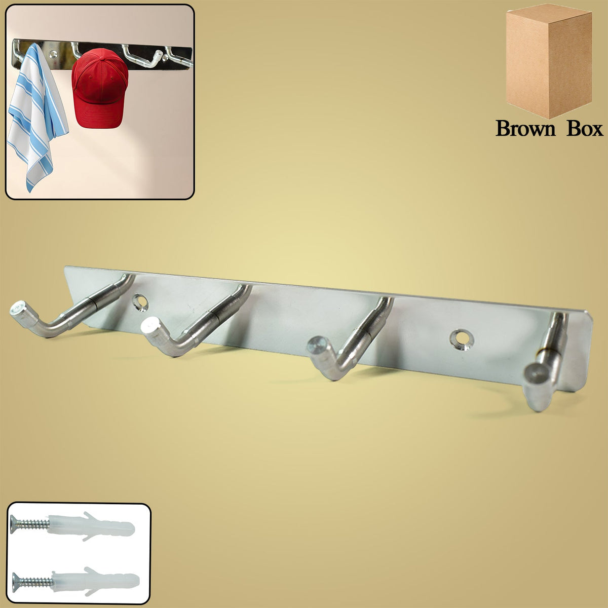 Stainless Steel Wall Mounted Coat 4 Hook Rack (20x3 / 1 Pc)