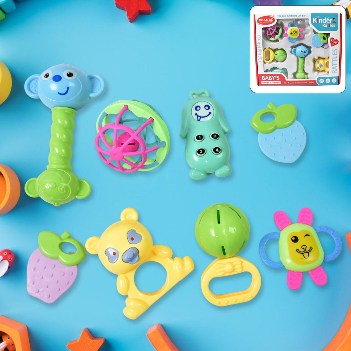 Kinder Rattles & Teething Set – Non-Toxic Shake & Grab Baby Toys (8 Pcs Set)