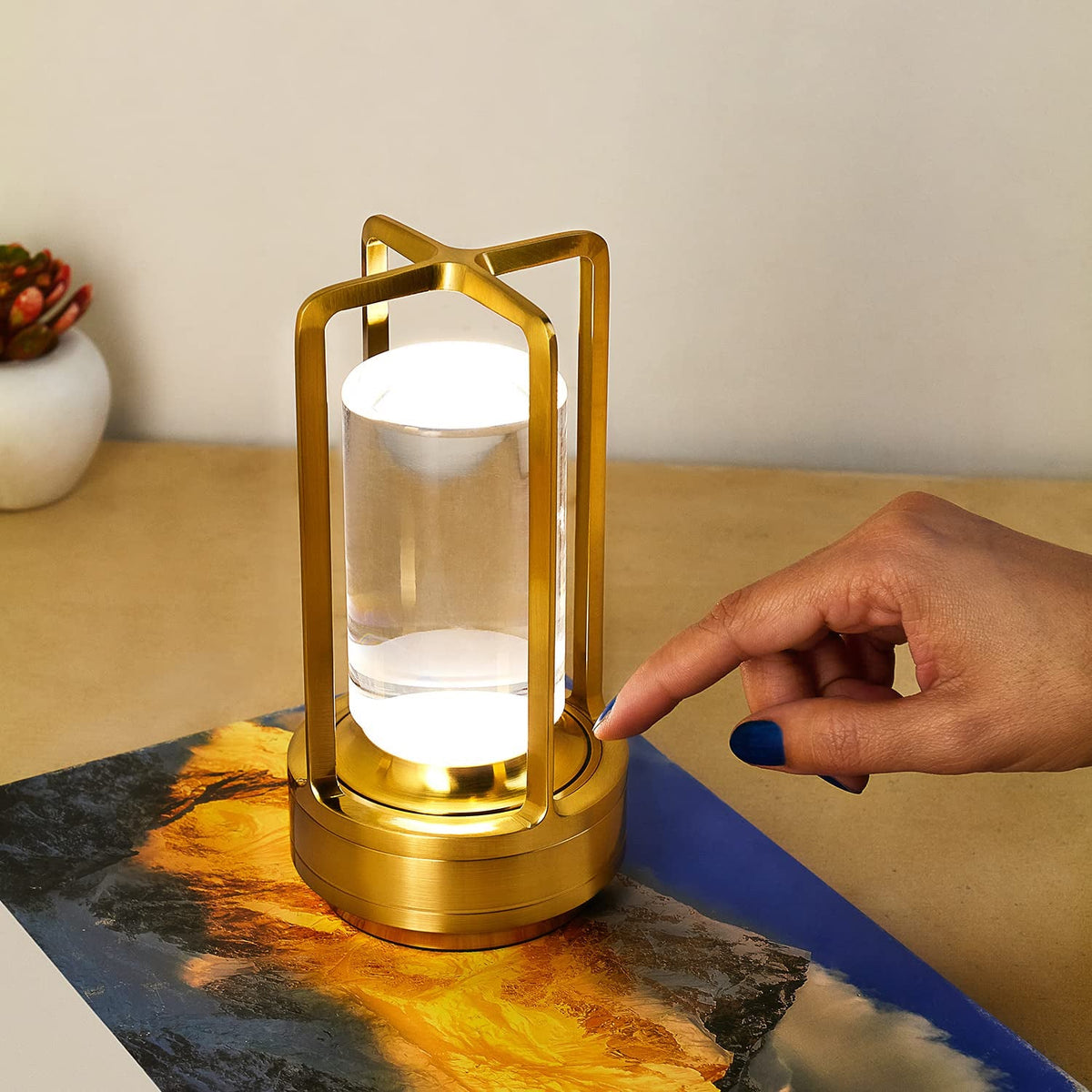 Crystal Lantern Table Lamp Rechargeable Cordless LED Light with 3 Colors 1 Pc