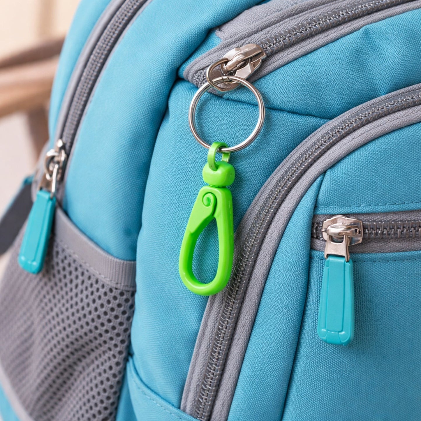 Plastic carabiner hook close up