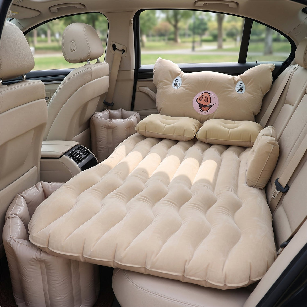 Inflatable bed set fitted in sedan car back seat
