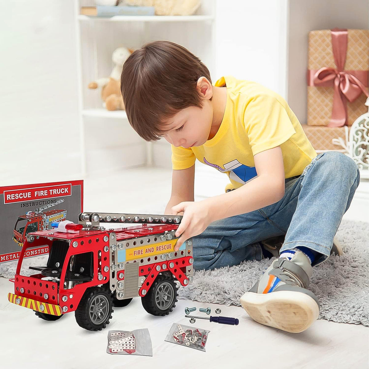 Metal DIY Fire Truck Building Blocks Kids (Fire Truck / 292pcs of truck tool / 1 Set)