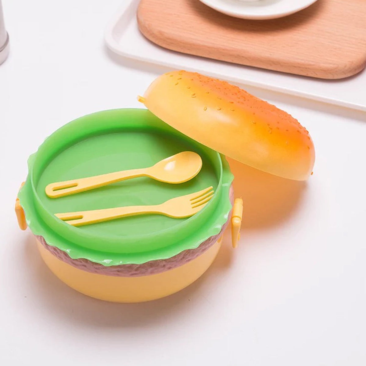 Burger Shape Lunch Box – Double Layer 1000ml Food Container with 2 Spoons for Kids