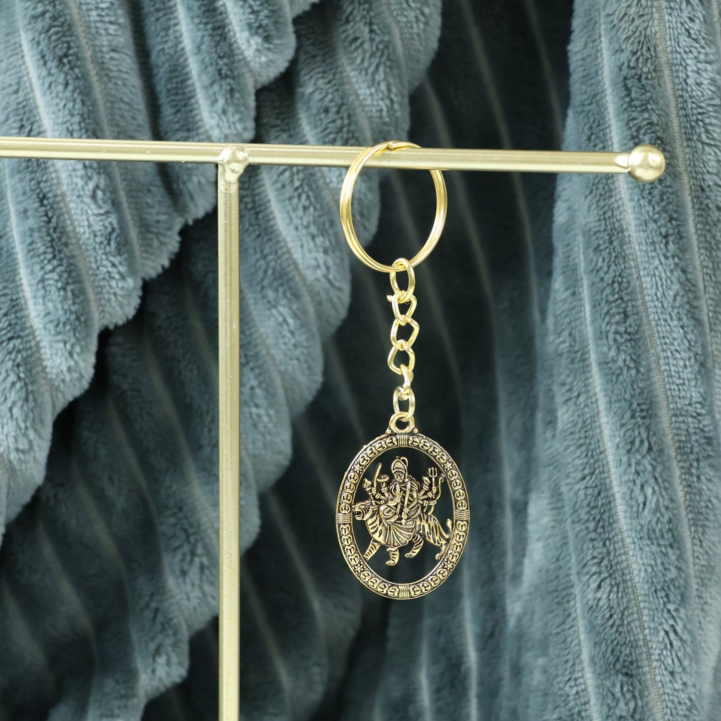 Maa Durga Oval Frame Golden Keychain (1 Pc)