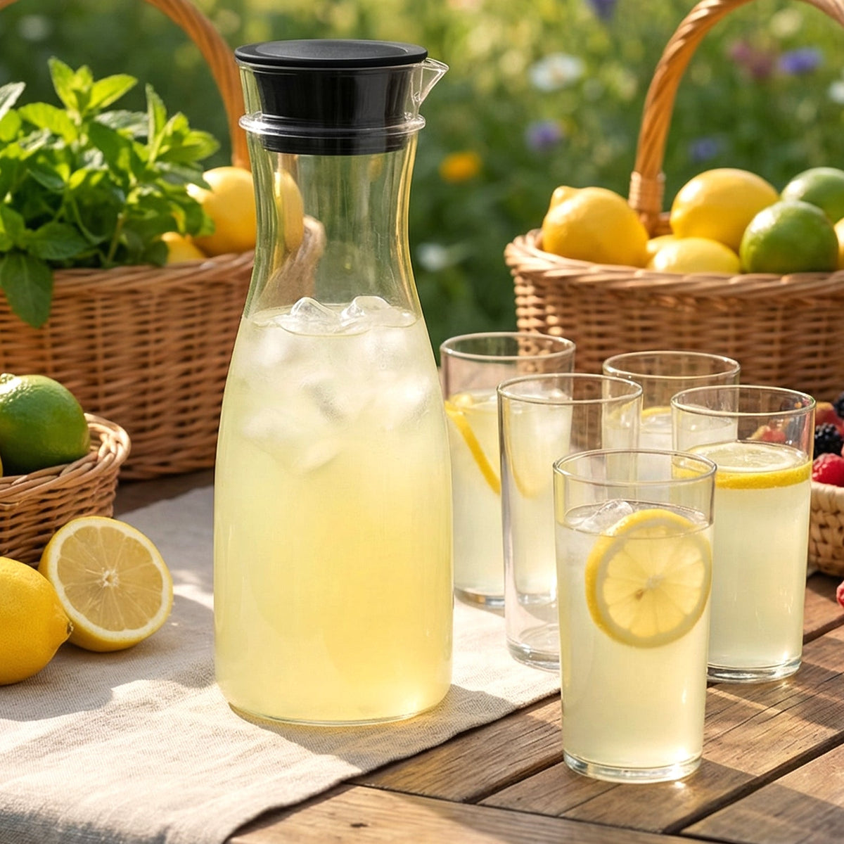 plastic jug 1000 ml with 6 drinking glasses set