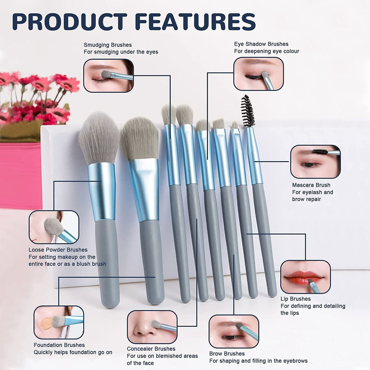 8-Piece Mini Makeup Brush Kit – Portable Premium Synthetic Set with Case (Mix Colors)