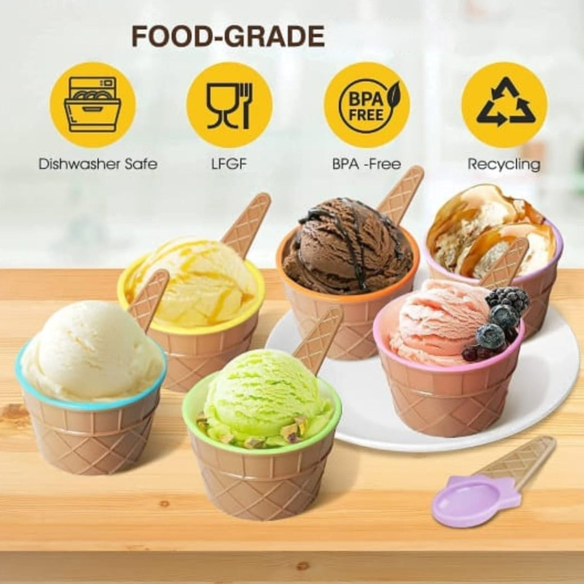Premium Ice Cream Waffle Spoon Bowl Set (6-Piece , Color Box)