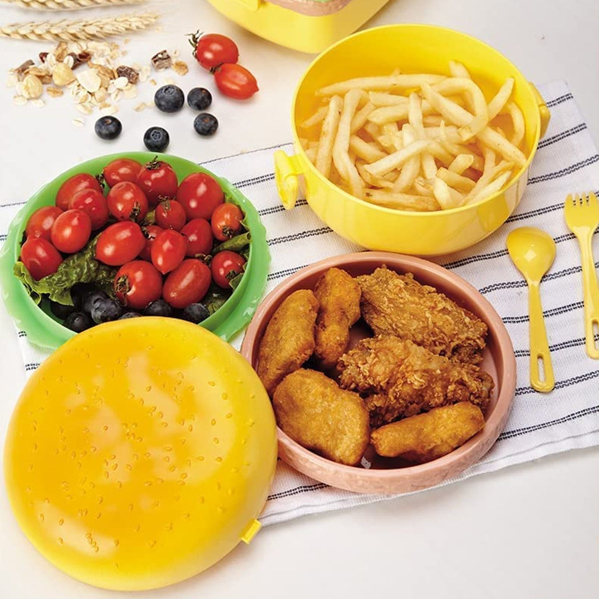 Burger Shape Lunch Box – Double Layer 1000ml Food Container with 2 Spoons for Kids