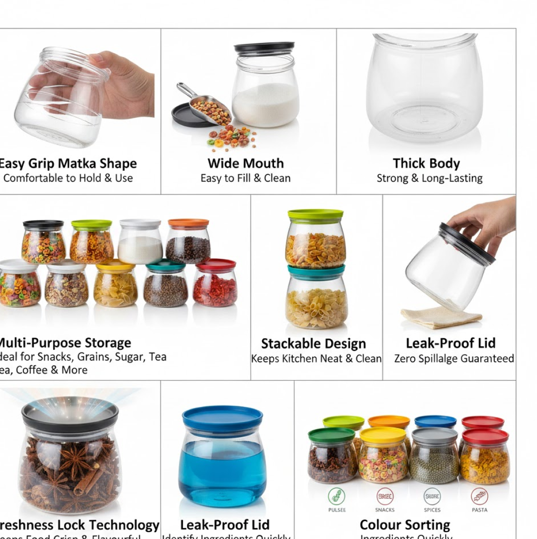 Matka Shaped Jar with Air Tight & Leak Proof Lid (Multicolour) (Set of 6) (900Ml)