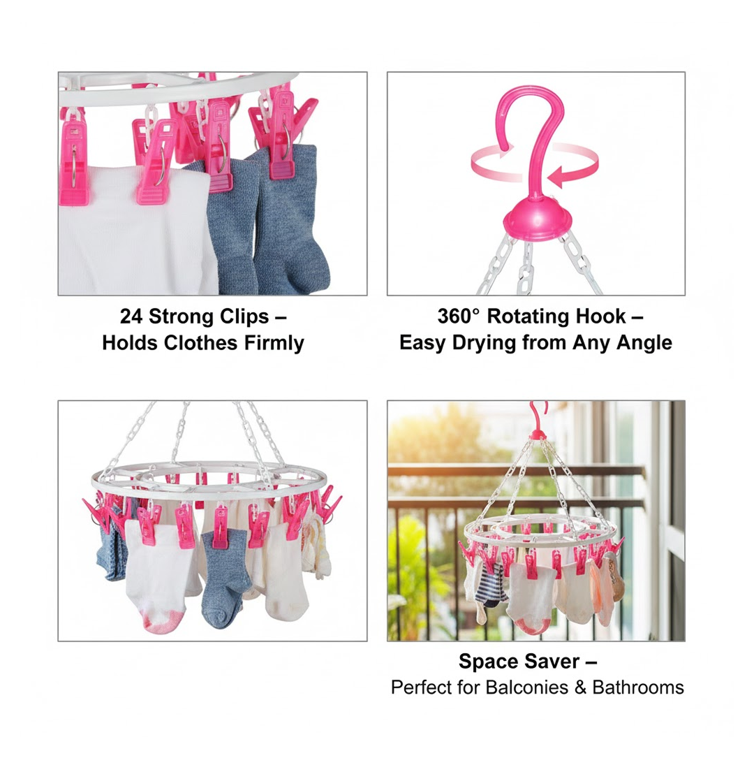 Plastic Round Cloth Drying Stand Hanger with 24 Clips (Multicolour)