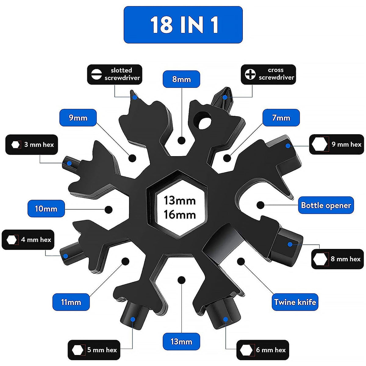 Durable 18-in-1 Snowflake Multi-Tool – Portable Bottle Opener, Screwdriver & Wrench