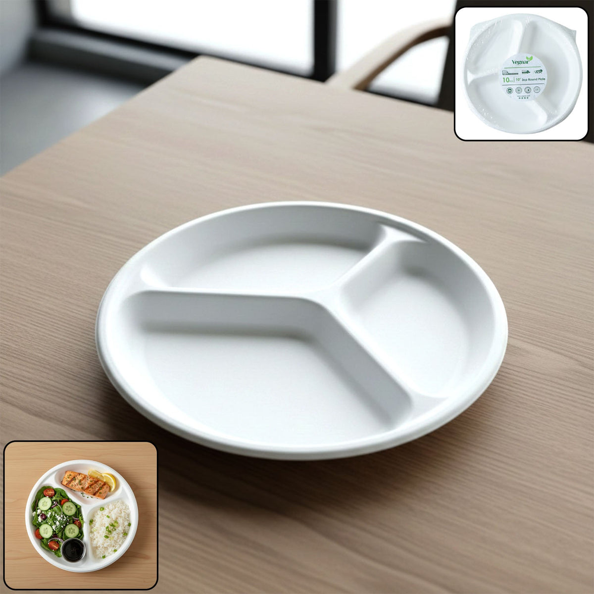 Vegnar 10 Inch 3-Compartment Round Compostable Bagasse Plate (10 Pc)