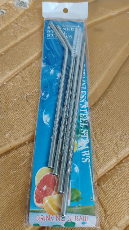 Set of 4 Stainless Steel Straws & Brush (2 Straight straws, 2 Bent straws, 1 Brush)