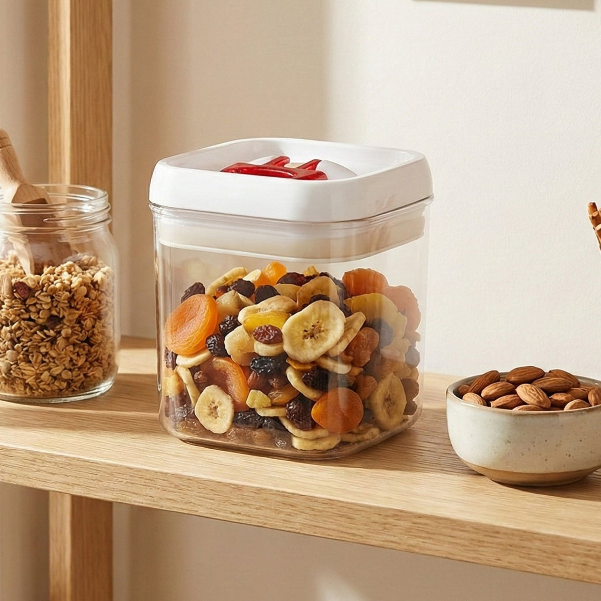 Clear storage box with secure red lid