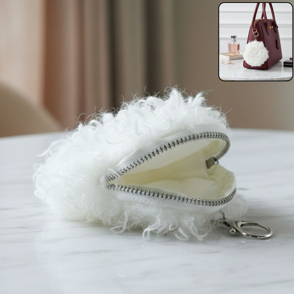 Soft fluffy mini coin purse close up