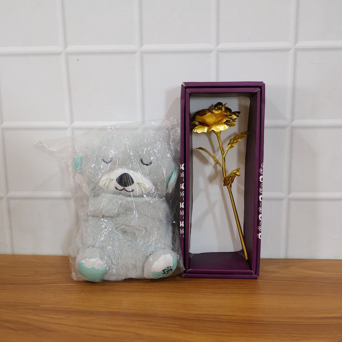 Teddy Bear with Artificial Golden Rose Flower Gift Set (2 Pc)