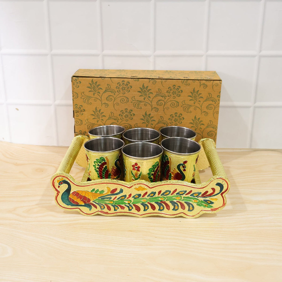 Peacock Design Glass with Handle and Handicraft Serving Tray Set
