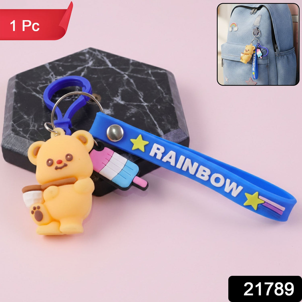 Adorable bear key ring with colorful strap