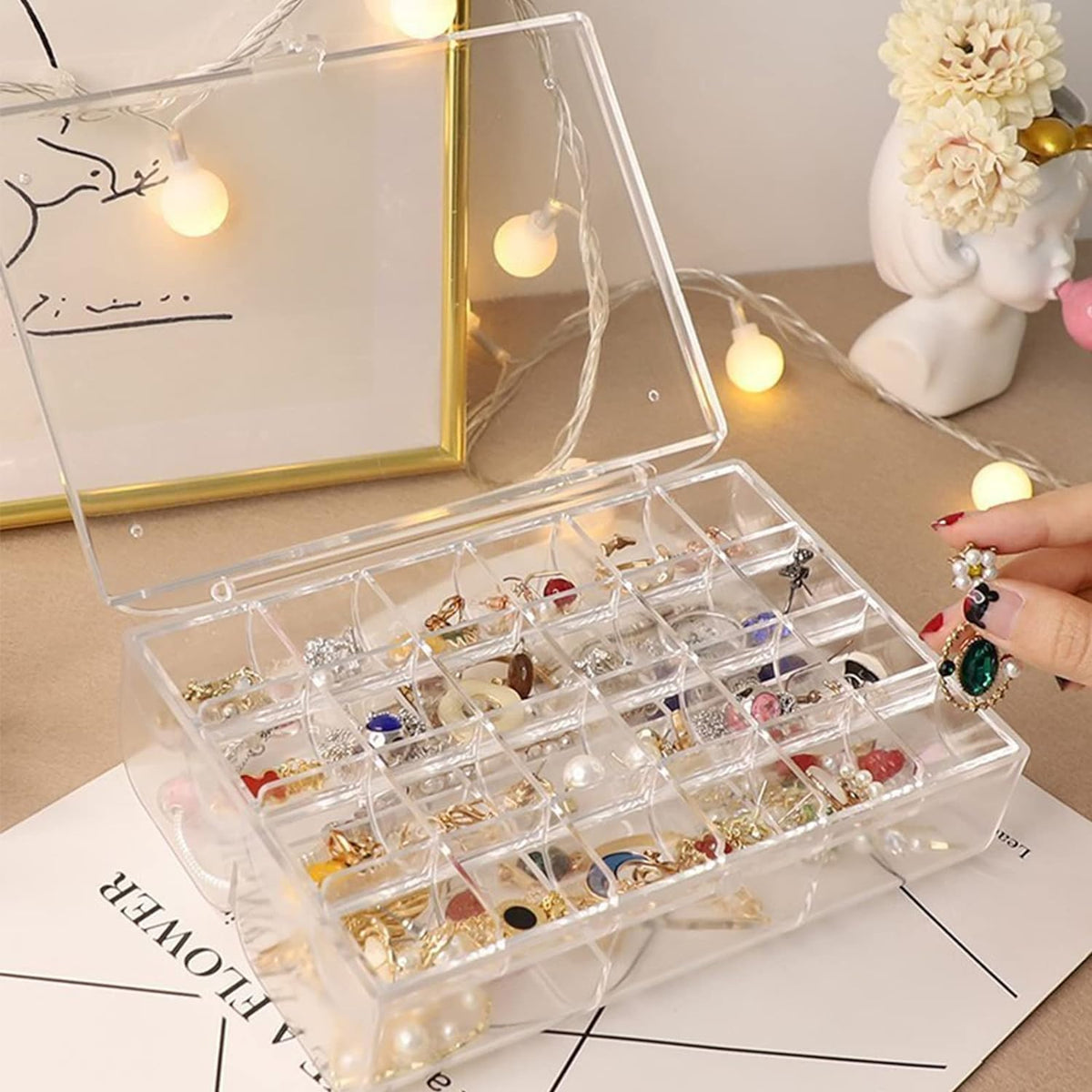 Acrylic jewellery organizer 2 layers open showing compartment capacity India