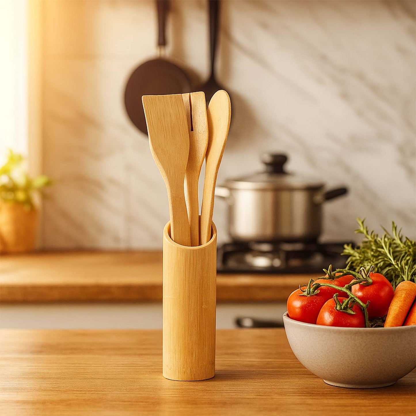 Eco-Friendly Bamboo Spatula Set with Holder (4 Pc)