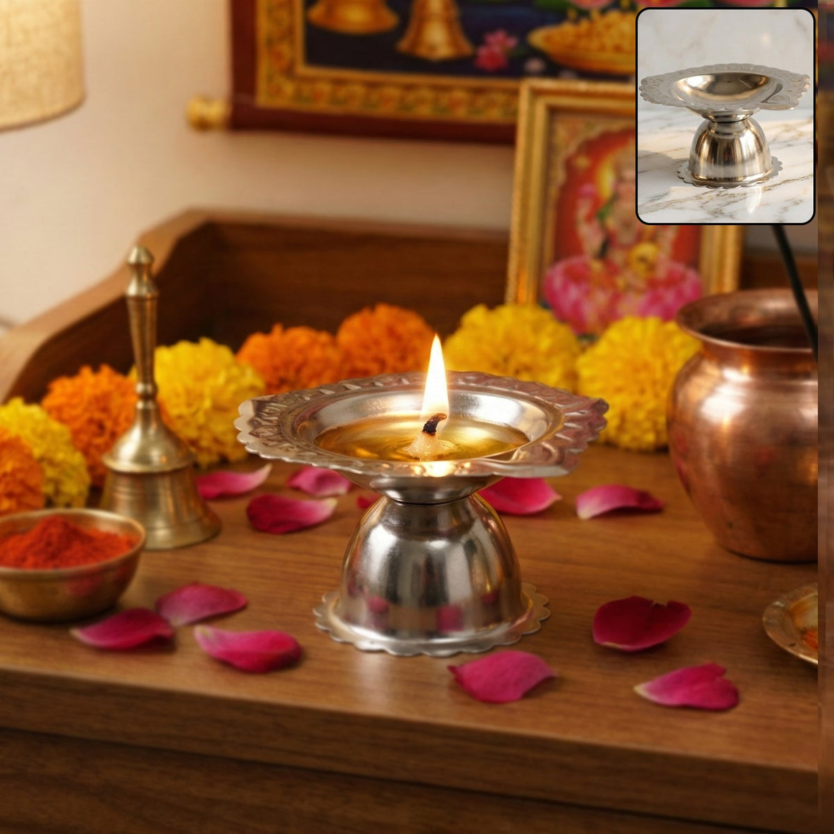Traditional stainless diya stand

