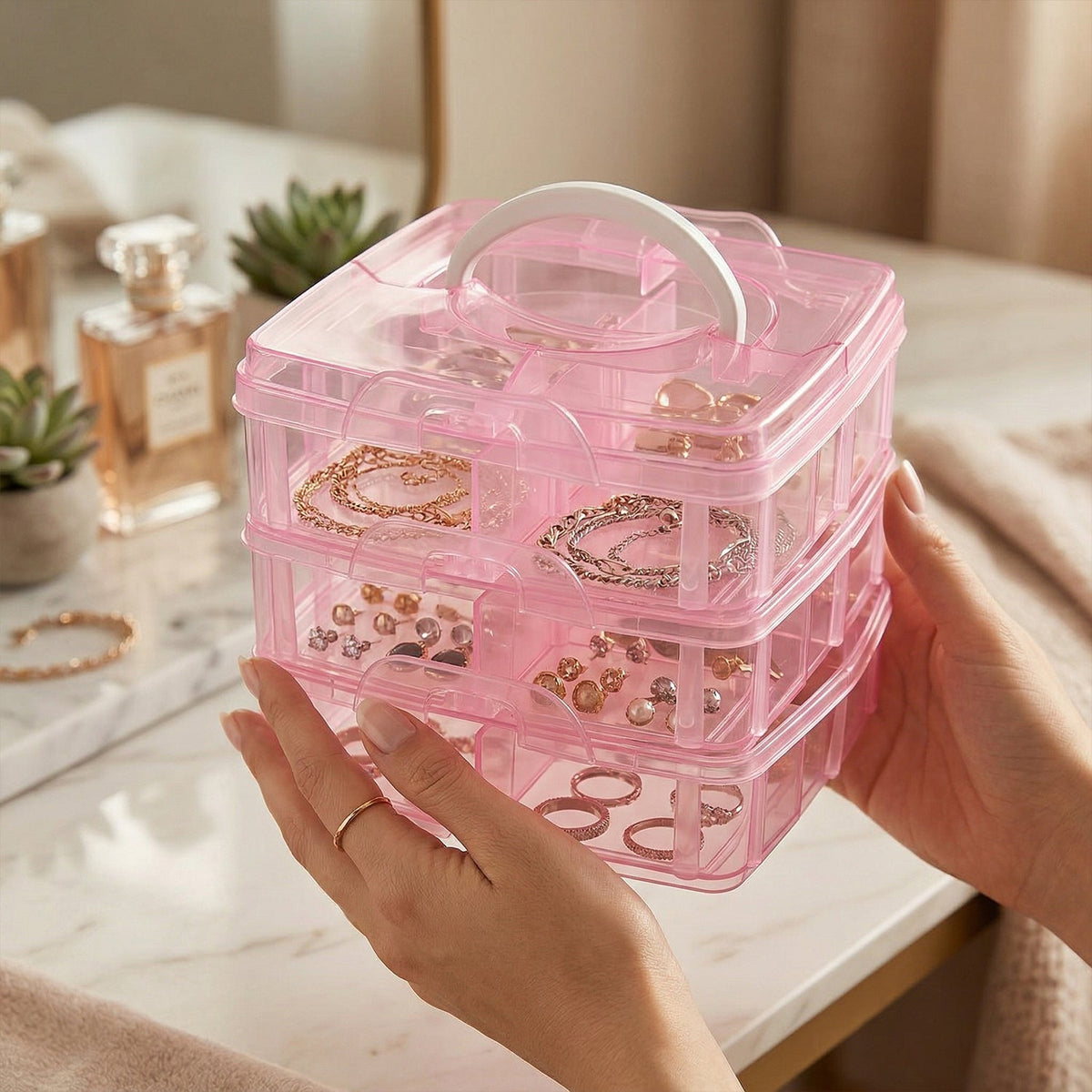 3-Tier Transparent Craft Storage Box with 18 Adjustable Compartments