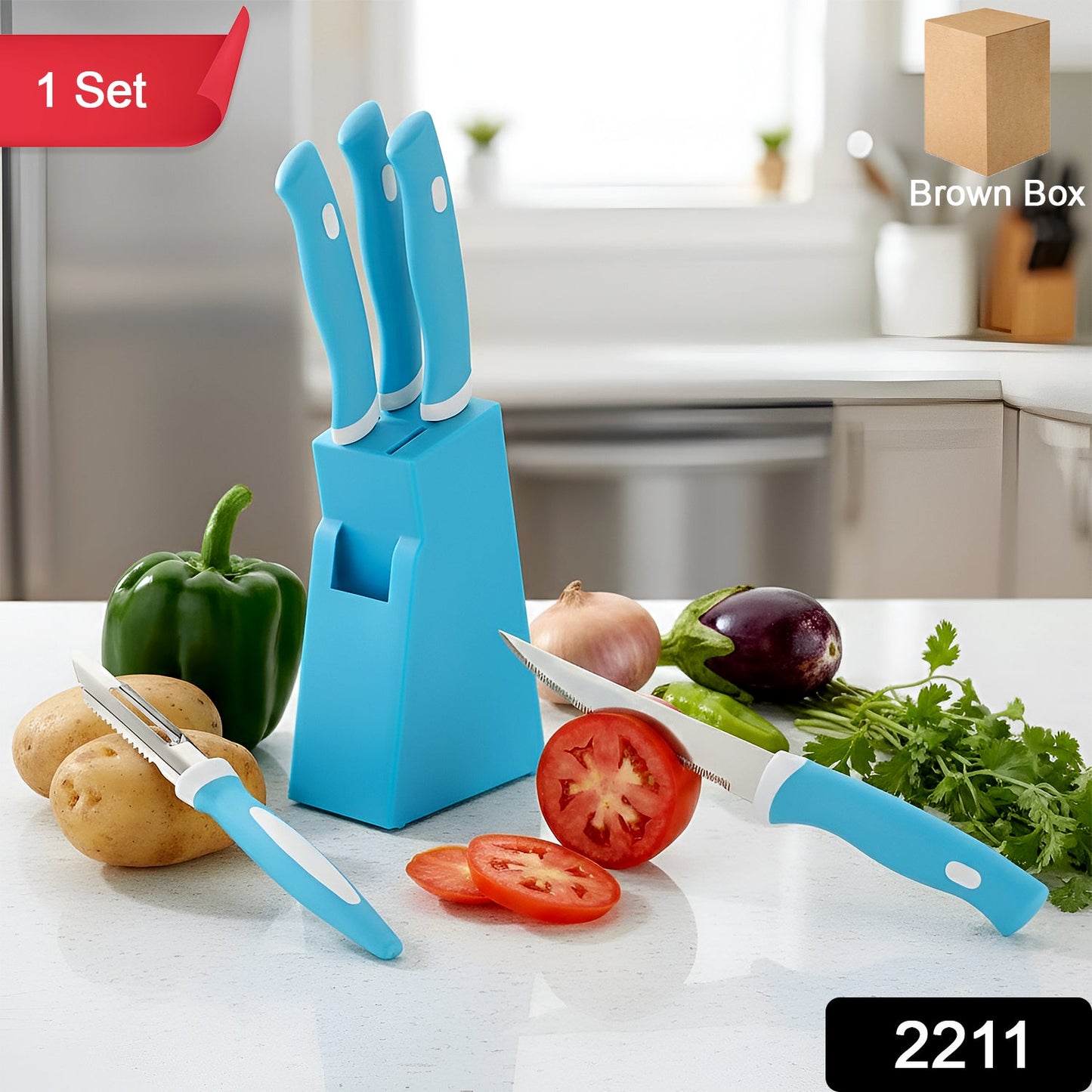 Stainless Steel Knife & Peeler Set with Stand - 6 Pcs
